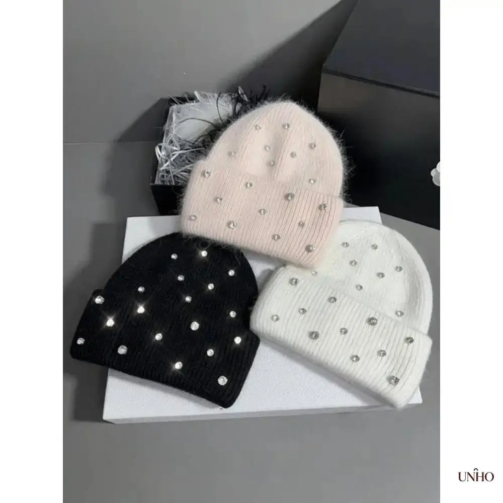 Unisex Faux Fur Beanie, Trendy Thick Knit Solid Color Warm Hat With Sparkling Gems, Cute Fluffy Knitted Woven Cap, Fall & Winter Casual Fashion Accessory For Adults