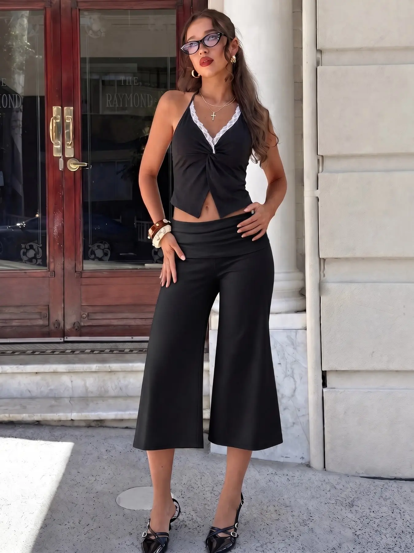 Women's Light Yellow Fold Over Waist Capri Flare Pants, High Stretch Slim Fit Mid-Calf Bootcut Trousers, Low Rise Y2K Casual Everyday Vacation Bottoms