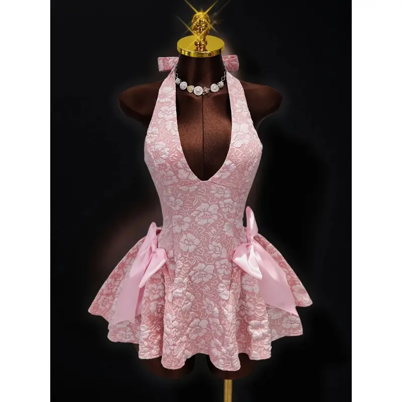 Women's Cute Sleeveless Summer Sakura Embossed Halter Neck Elegant Formal Dress - Lady, Large Side Bowknot, A-Line Short Hem, Machine Washable, Night Out Clothes for Wedding Bridesmaids, Night Out Clothes For Women, Elegant Dresses For Women