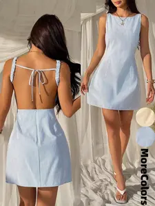 Summer Women's Striped Knit Elastic Backless Bow Round Neck Sleeveless Mini Dress, Waist Cinch Slim A-Line, Casual Daily Vacation Wear