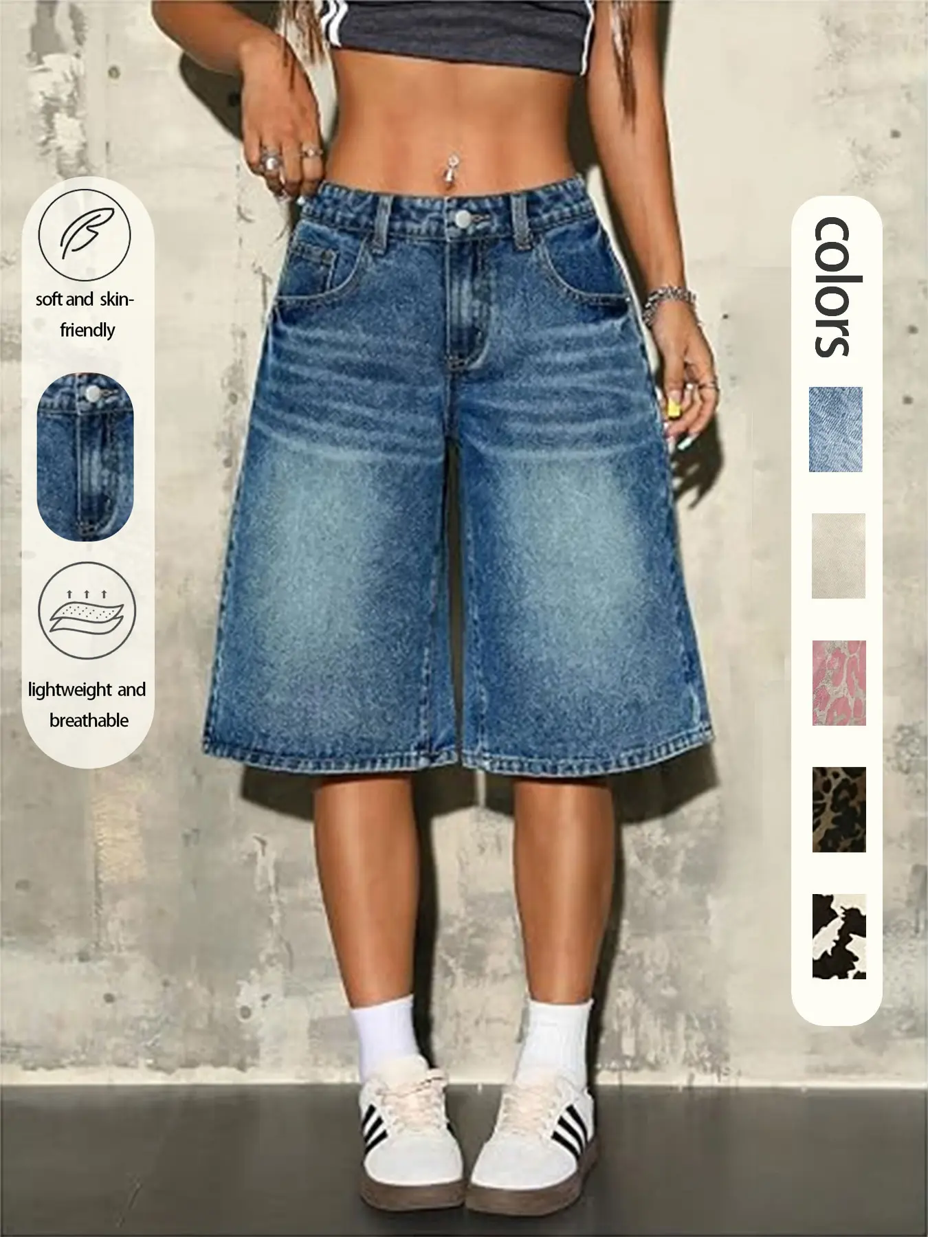 Y2K Skateboard Style Chic Women's Gradient Vintage Washed Loose Baggy Wide Leg Jeans Shorts, Thick Denim Streetwear, Perfect for Skate Parks and Music Festivals