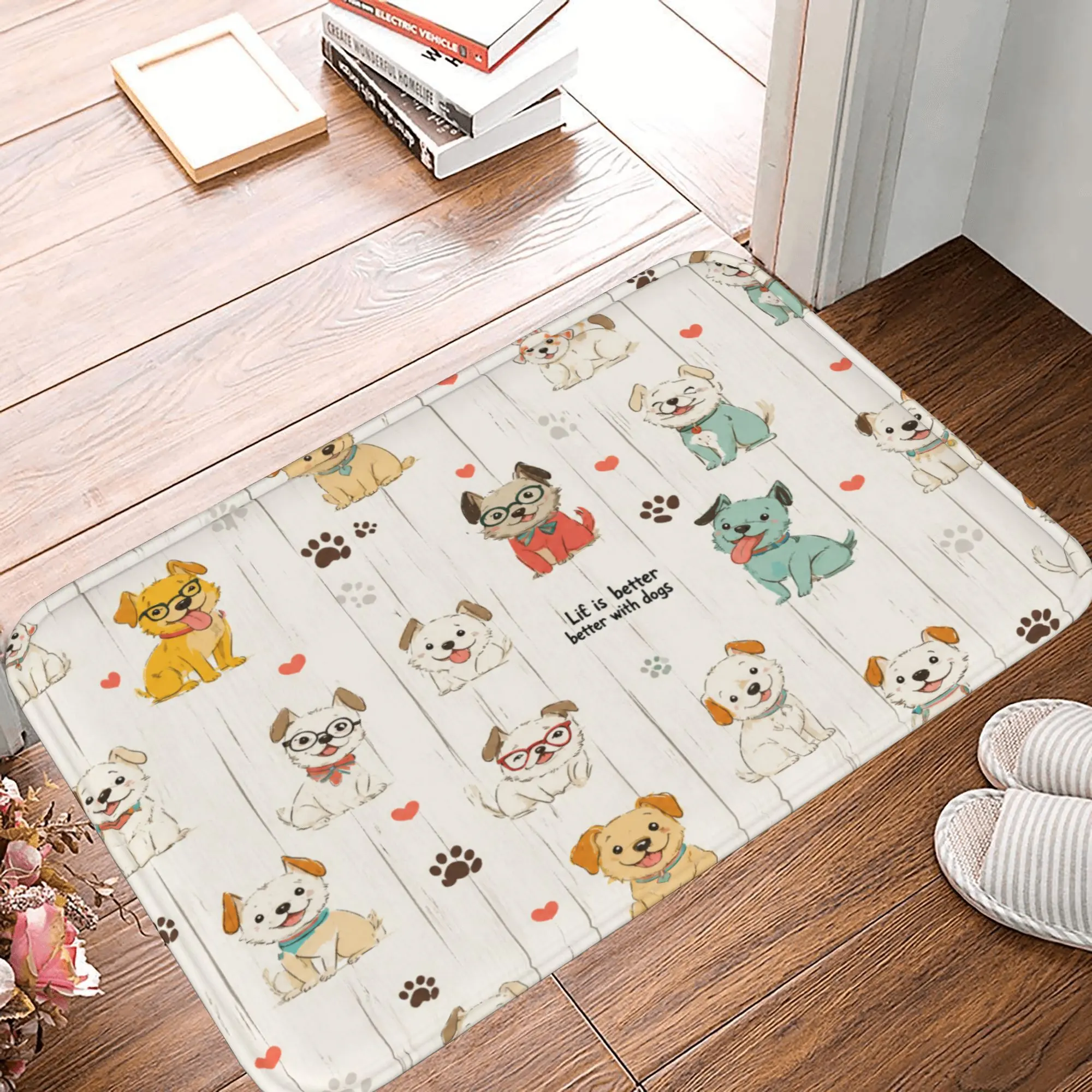 Cute Dog Print Flannel Doormat, Non-Slip Indoor Entrance Rug, Washable Decorative Floor Mat for Entryway, Low-Profile Mud Scraper for Dirt, Snow and Grass, Soft Comfort Kitchen Rug with Rubber Backing,Christmas,Santa
