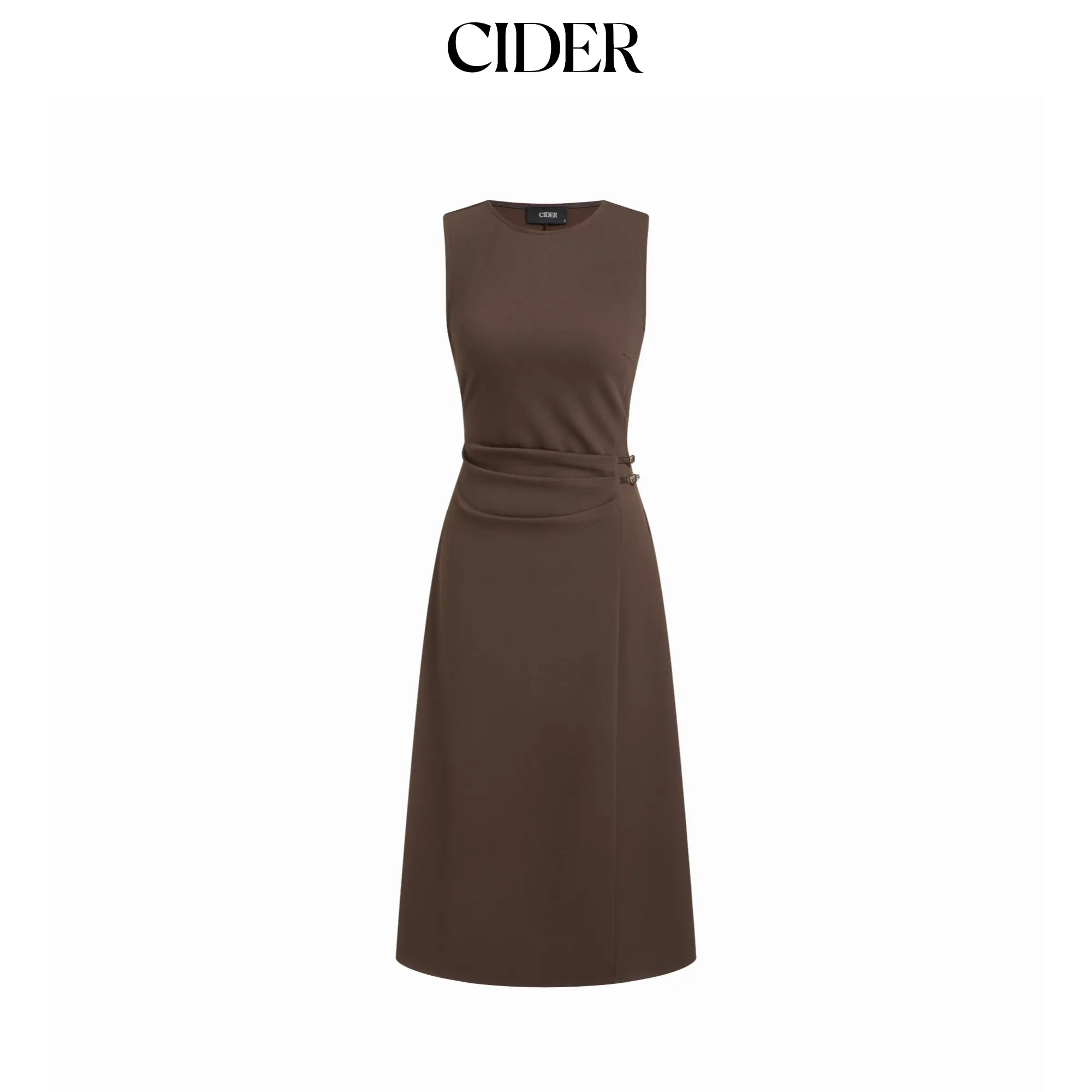 Cider Round Neckline Belted Zip Through Ruched Midi Dress