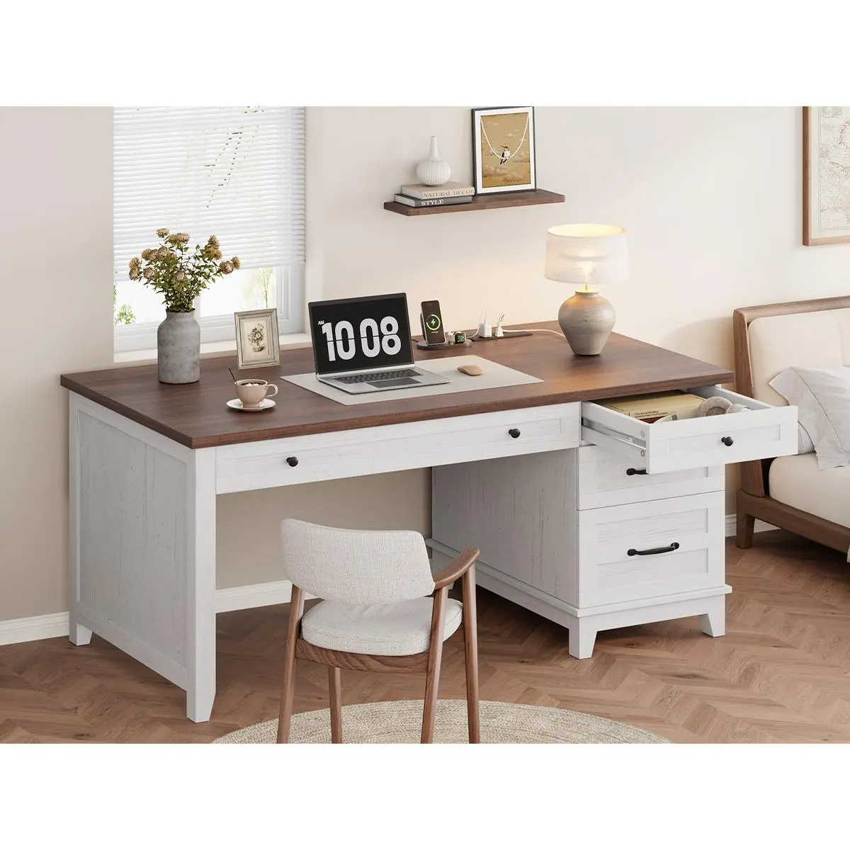 53.5" Farmhouse Executive Desk with Charging Station, Wood Computer Desk with Drawers & File Cabinet for Home Office