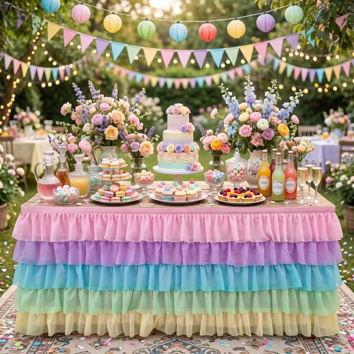 Boho Style Lightweight Ruffle Chiffon Table Skirt - 5-Layer Rainbow Gradient Cover, Durable Clutter-Hiding Party Decor Design, Easy to Install & Easy-Remove, for Birthday, Dessert Tables, Classroom Decor