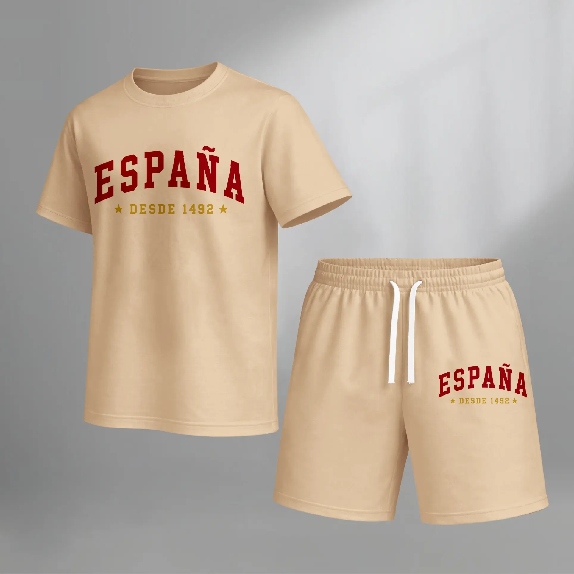 Men’s Summer Matching Outfit with ESPANA Graphic Print, Loose Fit Tee and Shorts Set Inspired by Spain Culture, Comfortable Street Style Look for Travel, Daily Wear and Outdoor Activities