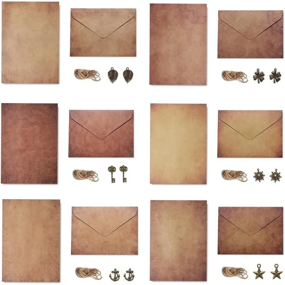 Complete  Craft Kit: 60 count Antique Letter Set with Stationery Paper, Retro Envelopes, Rope and Classic  for Invitations and Love Letters