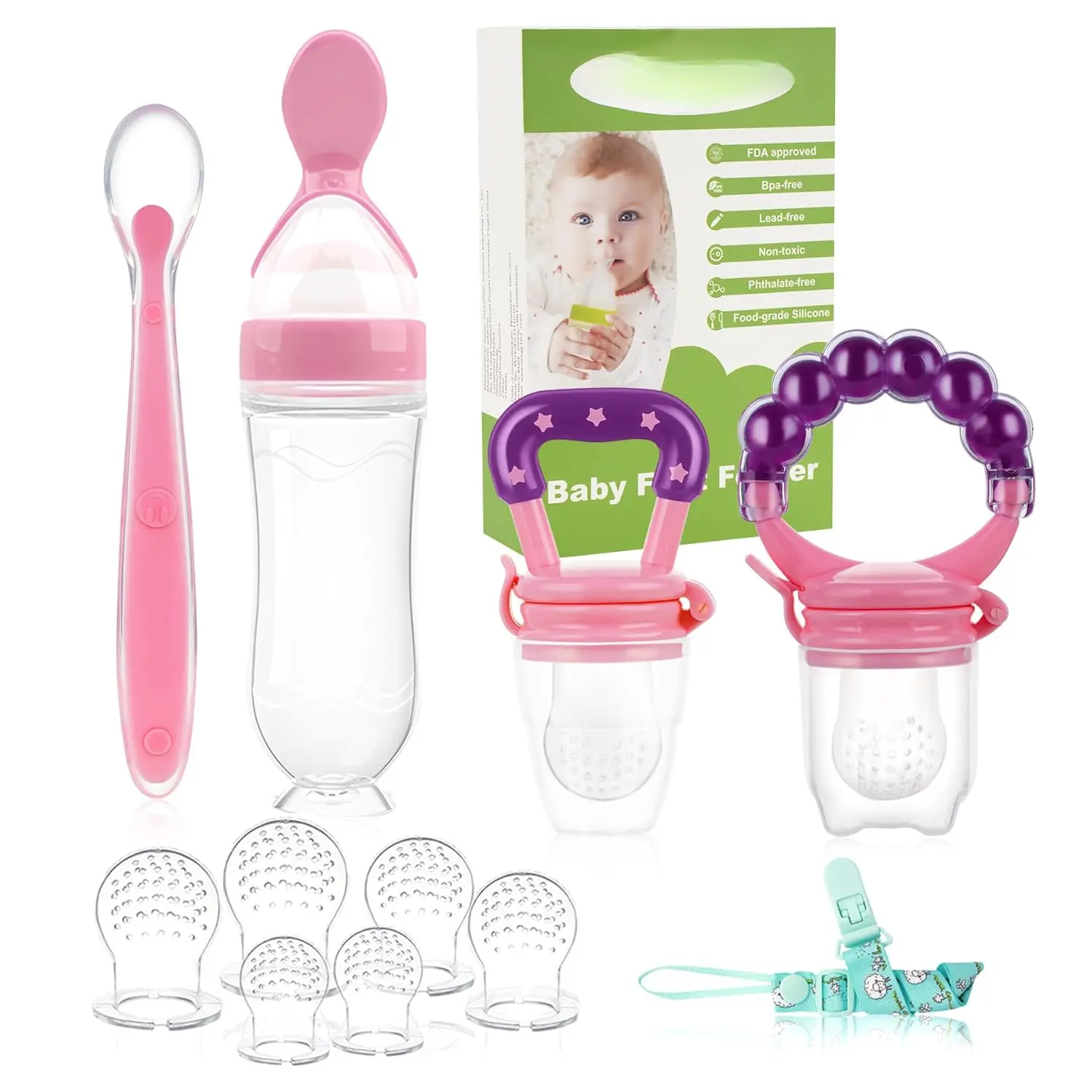 Baby Fruit Feeder Pacifier - 12 Pack |   2 Infant Food Feeder Pacifier & 1 Baby Food Dispensing Spoon |   Fresh Fruit Teethers  Babies |   Silicone Feeder Babies,Infant Teething Feeders (Pink) New model