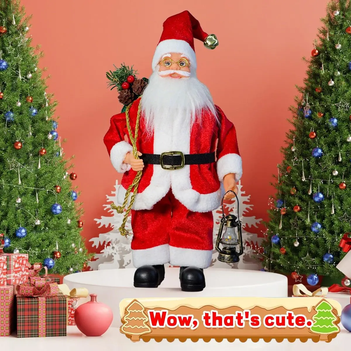 Fluffy Classic Santa Claus Doll - 40cm(15.7in) Plush Ornament, Red Robe, White Beard, Vintage Oil Lamp, Christmas Branches, Traditional Home Tree Mantel Decor, Photo-Worthy Holiday Collectible Gift Ornament for Grandparents