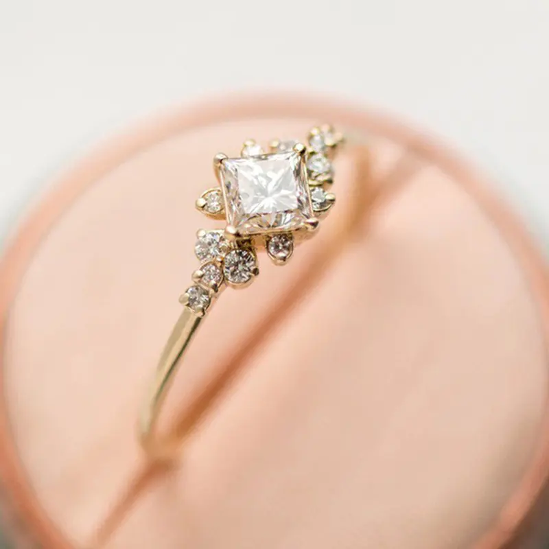 18K Gold Plated Princess Cut CZ Engagement Ring |   Vintage Cluster Promise Band for Women