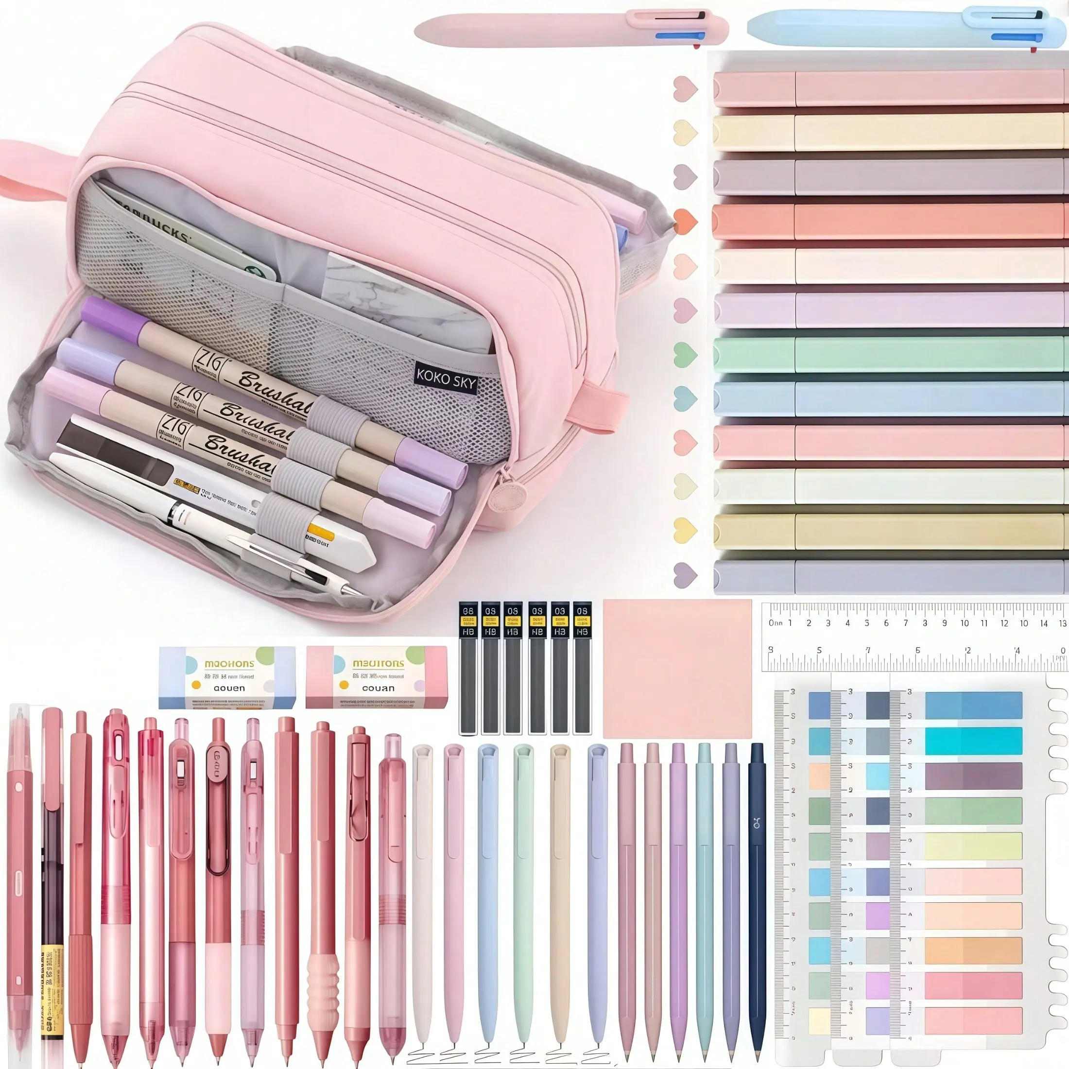 52-Piece Aesthetic Stationery Set, Includes Large Pen Pouch, Gel Pens, 0.5mm Smooth Mechanical Pencil, Highlighters, Sticky Notes