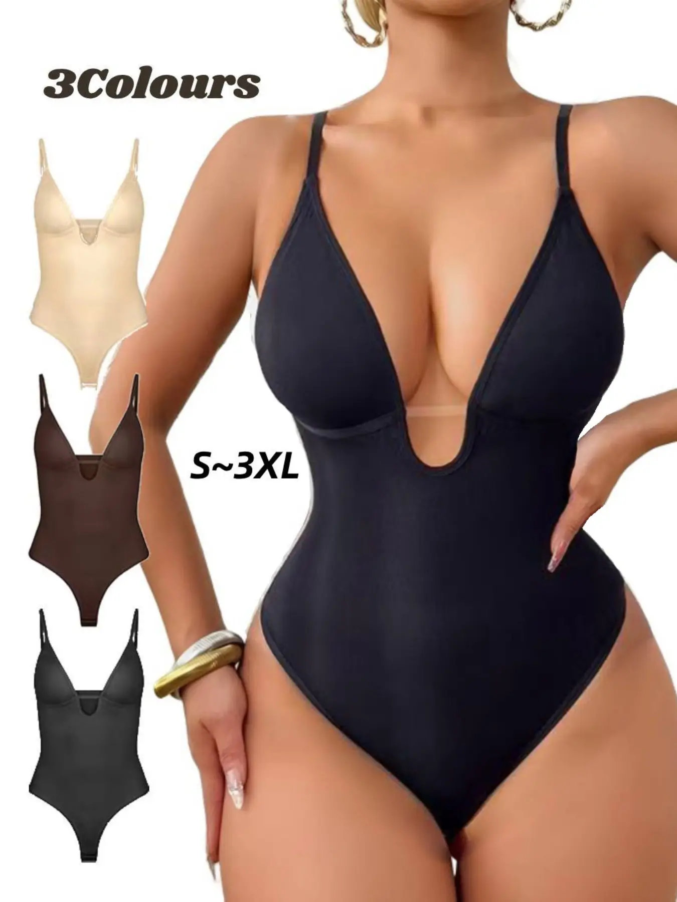 1 Count Women's Breathable Bust Lift Shapewear Bodysuit Tummy Control V Neck Sleeveless Seamless Slimming Body Shaper for Office Work Gym Party Date
