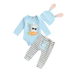 Newborn Baby Easter Outfit 3Pcs Set Long Sleeve Rabbit Romper Striped Pants Bunny Ear Hat Cute Clothes