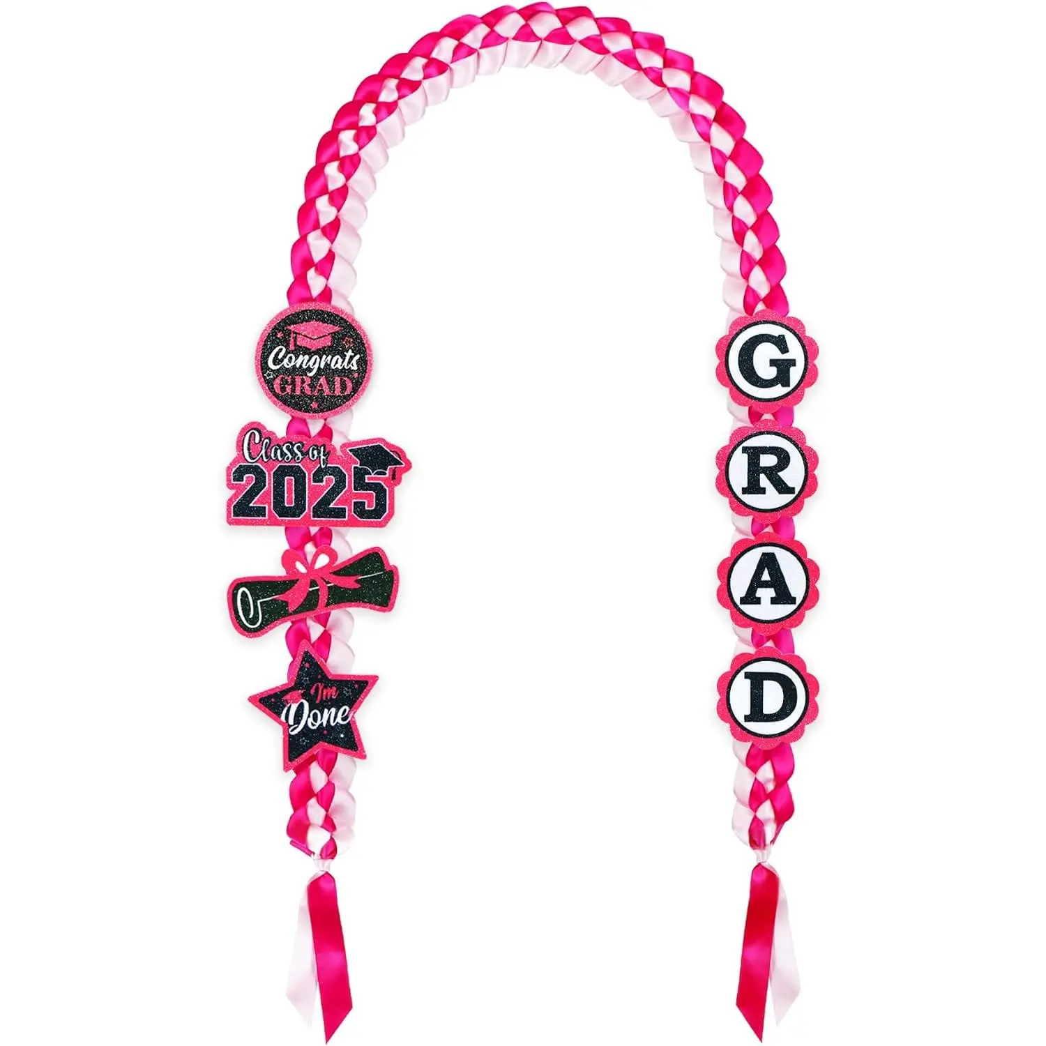 2026 Unisex Double-Braided Synthetic Ribbon Graduation Lei Set with 8 Glitter Patches - Graduation Party Decor Accessories, Festive Gifts