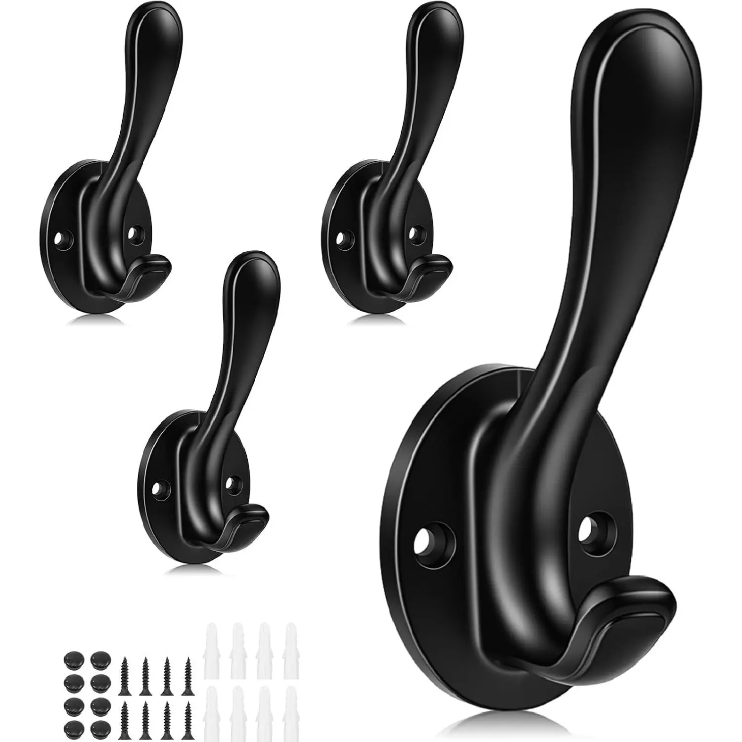 4-Pack Black Wall Hooks, Heavy Duty Metal Double Towel Hooks |  Alloy, Rust Resistant, 15 Lb Capacity, Wall Mounted, For Bathroom, Entryway, Closet Or Kitchen