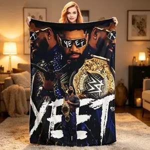 Jey Uso YEET WWE Champion Collage Flannel Blanket, Iconic Wrestling Design Throw for Fans & YEET Stans