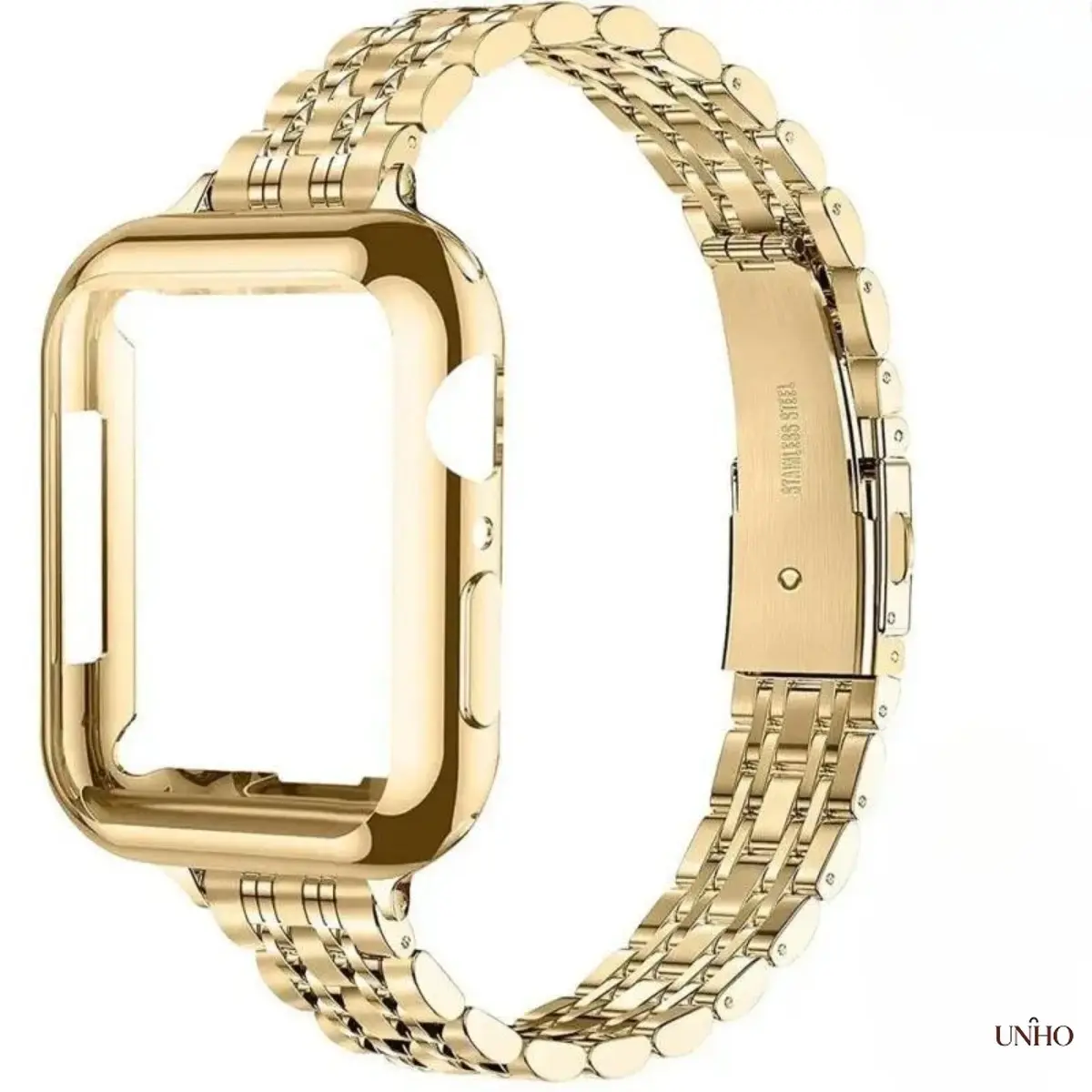 Solid Stainless Steel Seven Bead Watch Strap With Butterfly Clasp Matching Protective Case Set, Polished Metal Wrist Band Compatible With Apple Watch Series 8 9 10 11 Ultra SE 41/45/49mm, Premium Wearable Accessory For Daily Formal Casual Outfit Matching