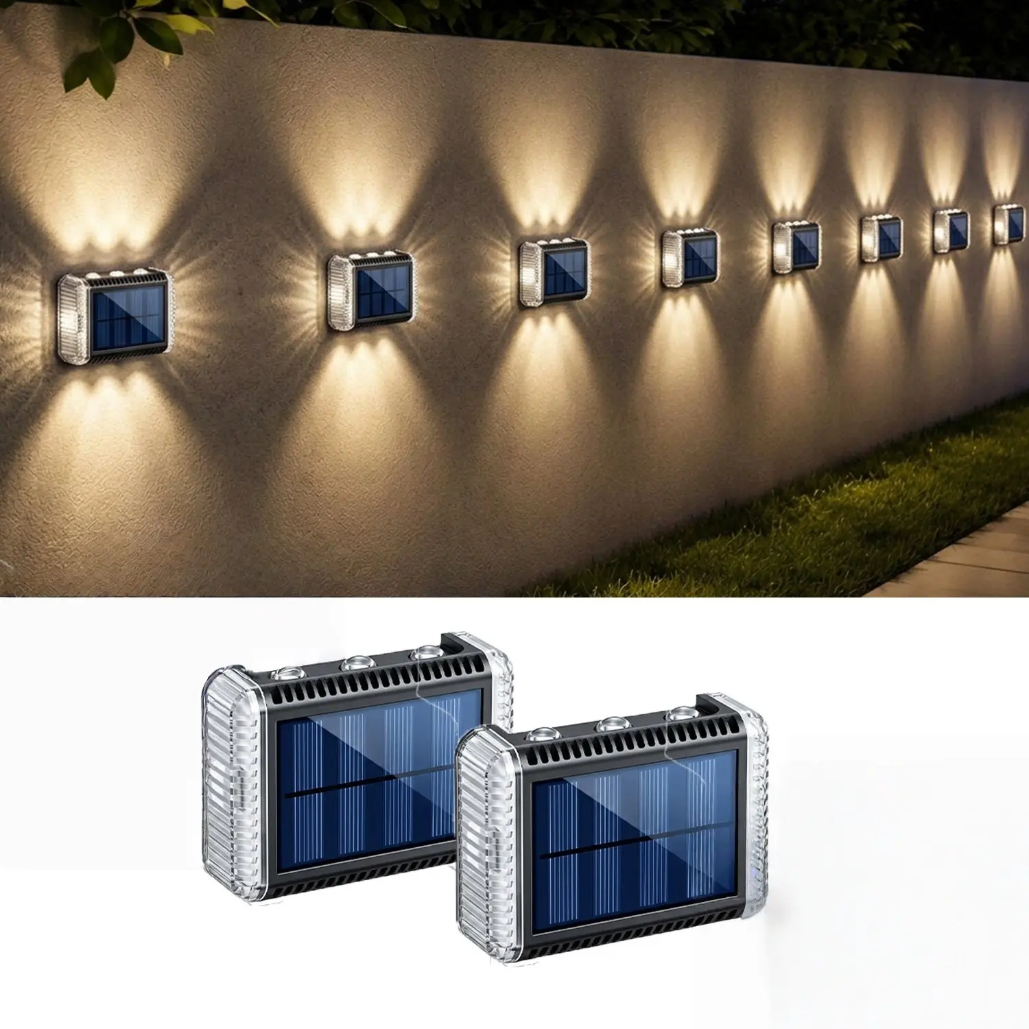 2pcs Up & Down Lighting Solar Fence Wall Lights, Waterproof Solar Powered Outdoor Security Flood Lights, Auto Light Control Design, Bright Outdoor Lighting Fixtures for Yard, Warehouse, Garage, Patio and Garden All Night Illumination