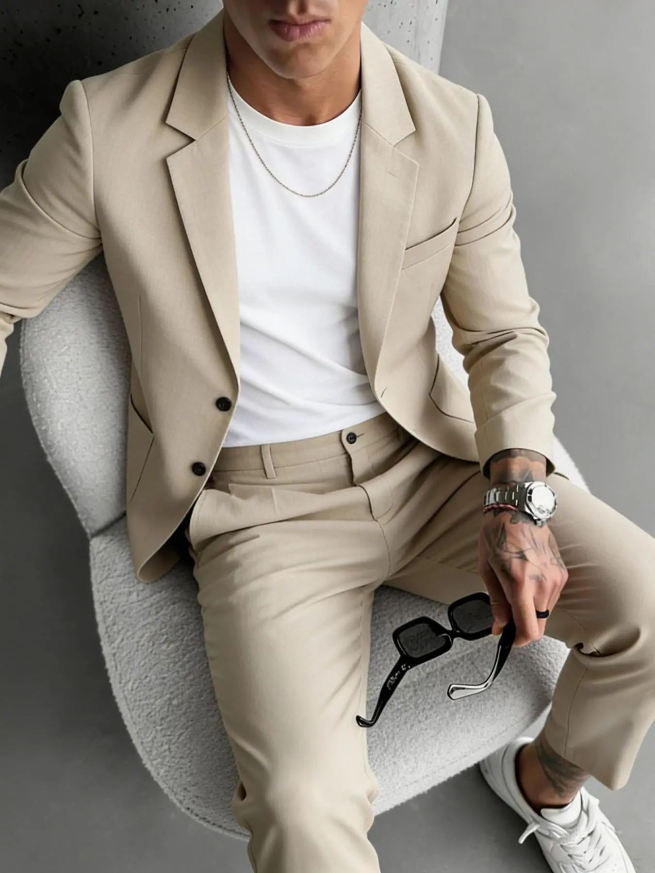 Men's Slim-Fit Blazer Set, Anti-Wrinkle Smooth Plain Fabric, Simple Single Button Notch Lapel, Business Casual Daily Wear, Business Attire Clothes, Formal Wear, Luxury Chic Suit, Blazers Suit Sets