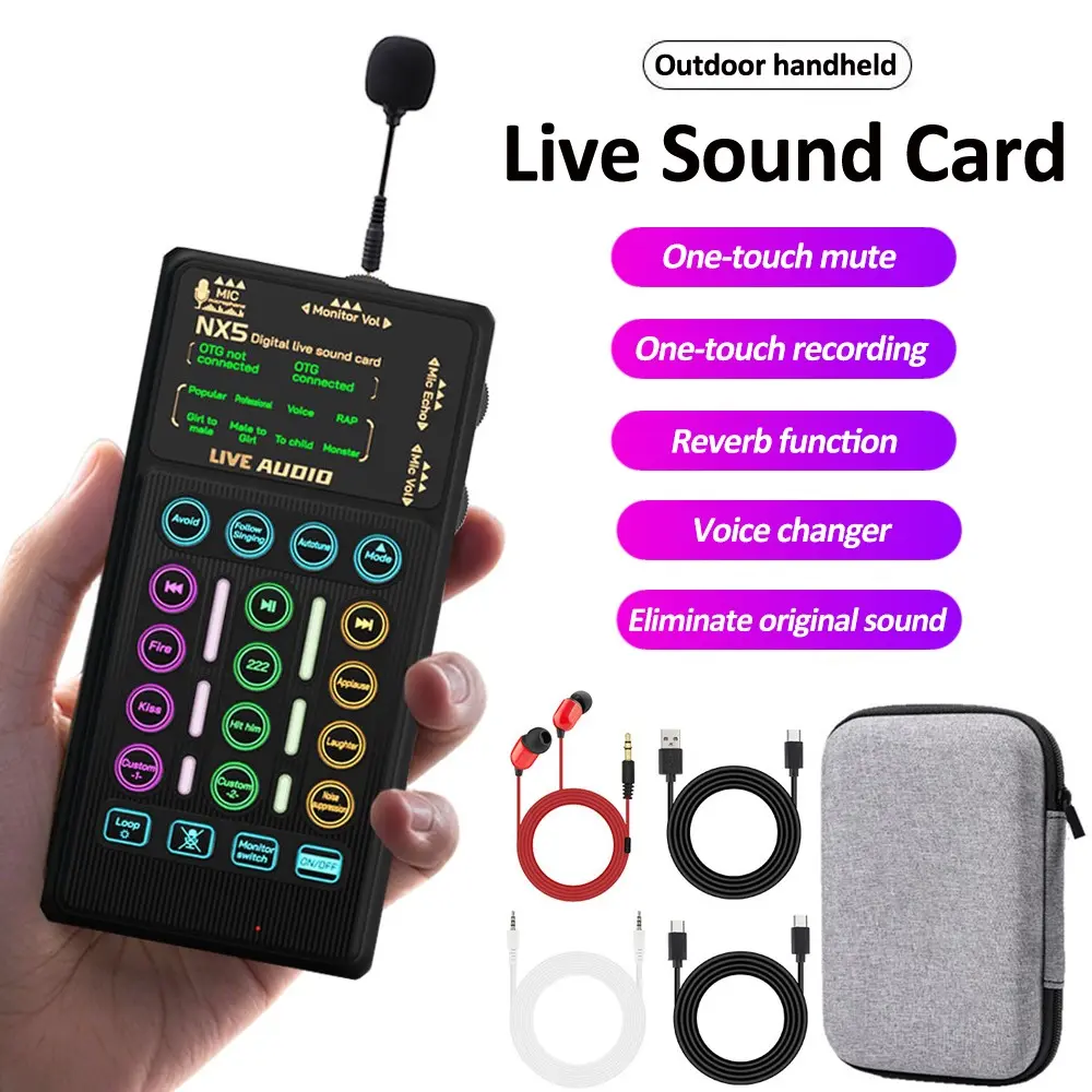 Portable Microphone Set, Live Audio Mixer, Handheld Sound Card, Noise Reduction, Podcast Studio Equipment, Podcast Equipment Kit, Broadcast, Singing, Recording, Bluetooth Compatible