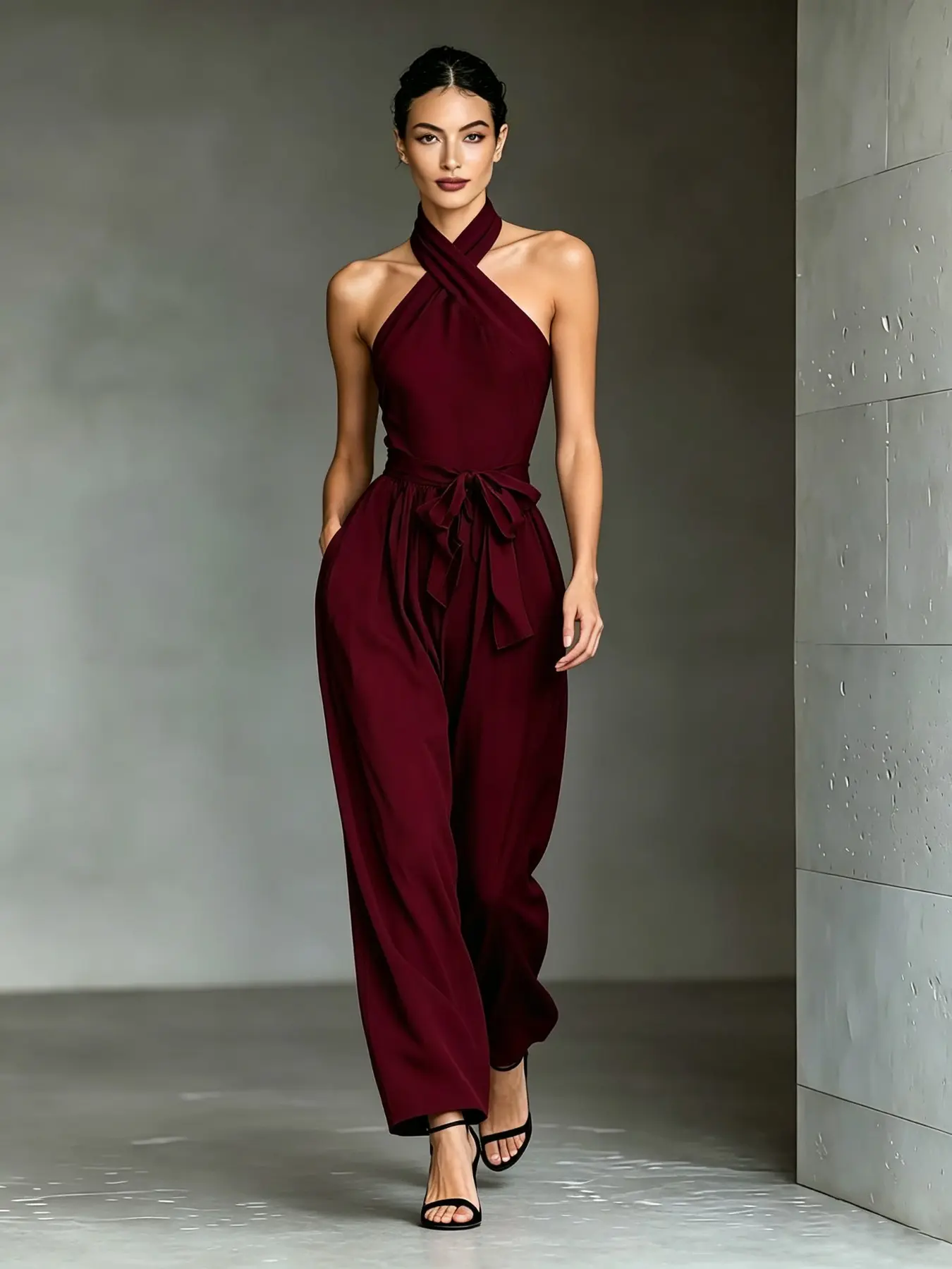 D4792 Minimal Soft Life Athleisure Jumpsuit, Women, Wrap Front Halter Neck, Customizable Belt Waist, Flowy Wide Leg With Hidden Pockets, Quiet Luxury Staple for Everyday Wear.