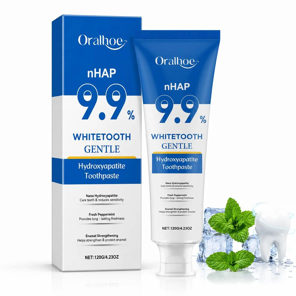 9.9% Nano Hydroxyapatite Mouth Care Toothpaste, Fluoride-Free Peppermint Formula for Gentle Daily Oral Care, Teeth Stain Cleaner, Bright Smile, Sensitive Teeth Relief & Enamel Repair, 120g (Hydroxypatite & Enamel Repair Toothpastes Category), Nano Hydroxy
