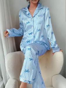 Women's Casual Home Wear Loungewear Pajama Suit, Soft Fabric Striped Long Sleeves Button-Up Top & Elastic Waist Pants, All-Season Fitted Design
