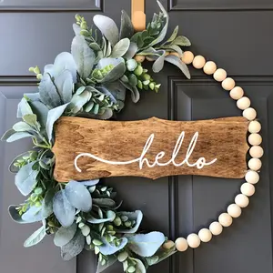 Modern Neutral Tone Wooden Bead Arch Wreath with Lamb's Quarters Leaves, Perfect for Year-Round Decor, Stylish Flower Arrangement