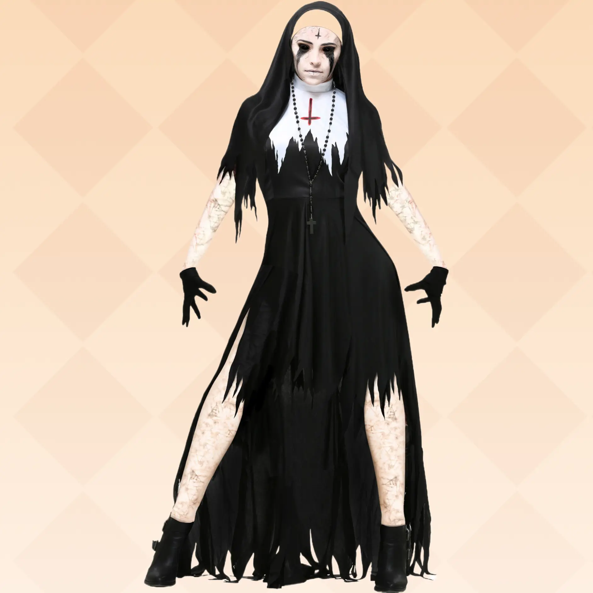 Women's Thick Fabric Evil Vampire Nun Overall, Loose Garment Cosplay Outfit, S-XXXL Halloween Witch Themed Performance Costume (Festive & Party Supplies)