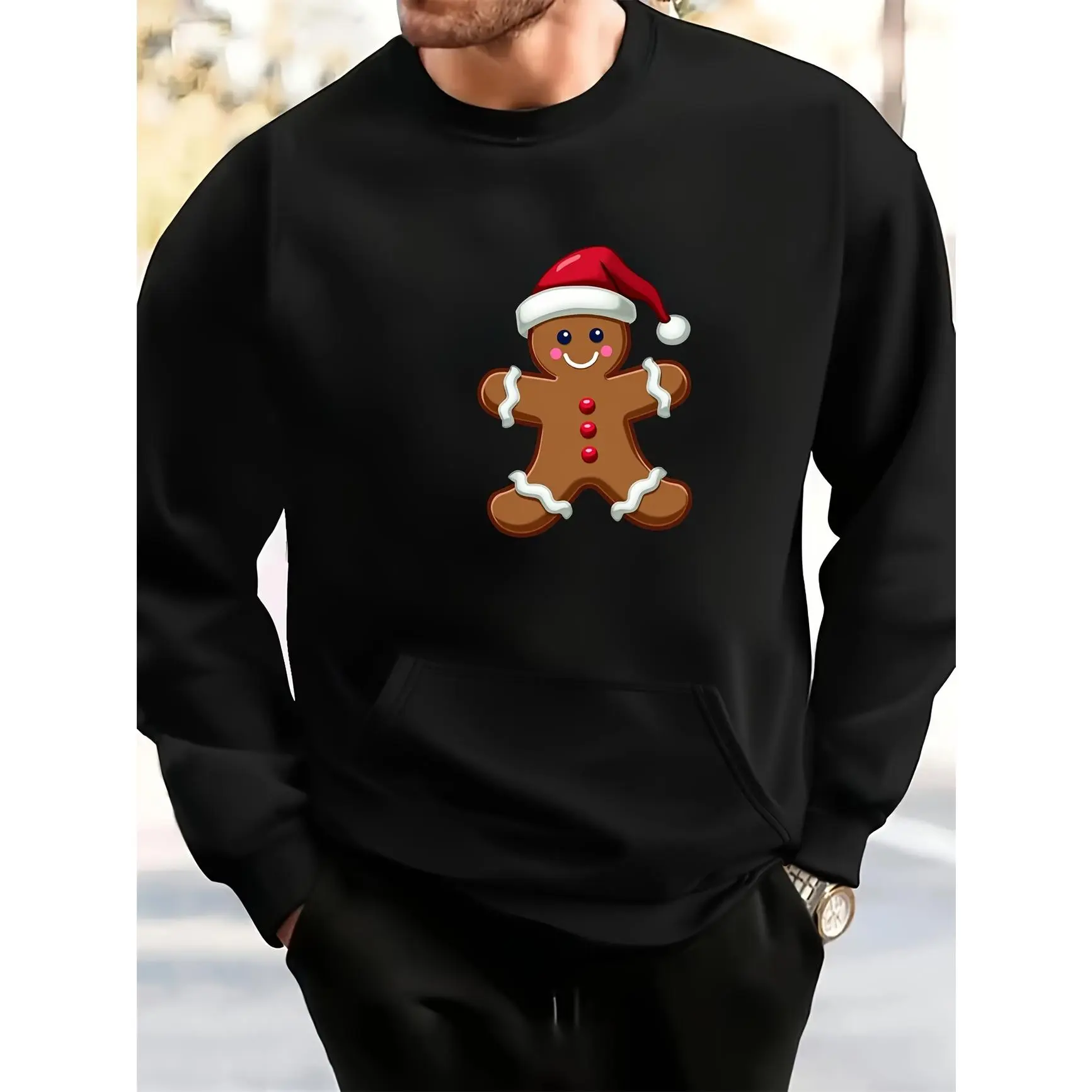 Cute Santa Hat Gingerbread Man Graphic Cotton Sweatshirt, Comfort Oversized Fashion Outfit, Christmas Holiday Best Gift for Him Her Family Friends