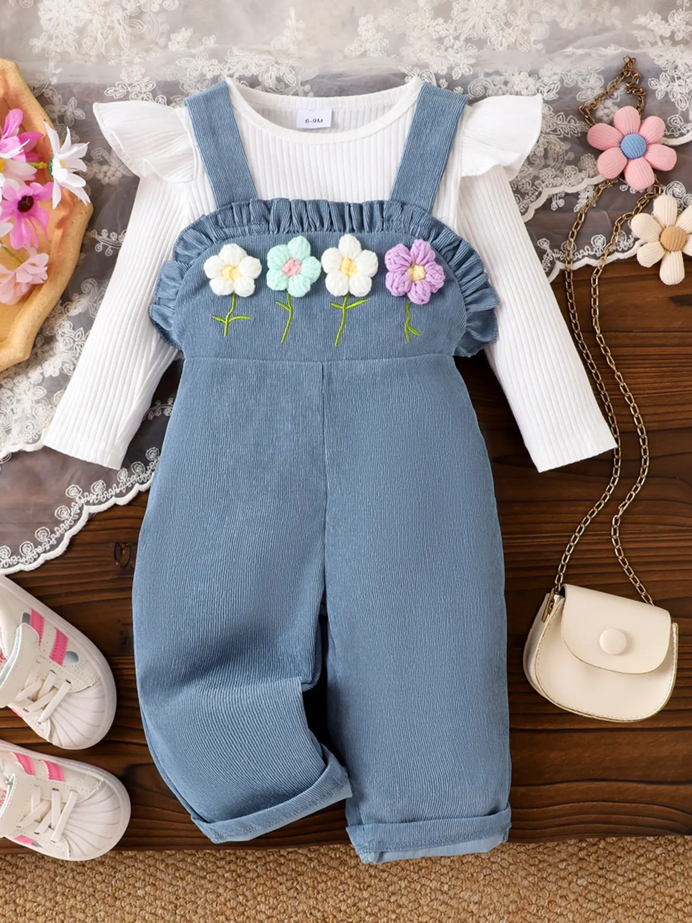 Baby Girls Sweet Floral Embroidered Set, Long Sleeve Top & Pants, Cute H-Type Design, Spring Fall Loose Fit, Baby Girl Clothes