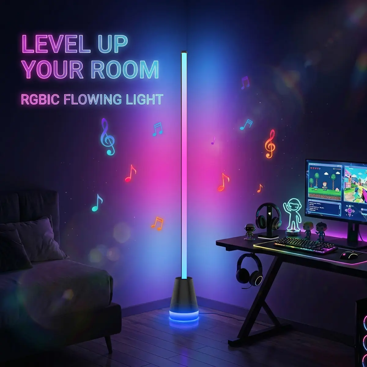 RGB Corner Floor Lamp - 16M Colors Modern Space-Saving Smart Color Changing Light, Multifunctional Decorative Mood Lighting with Music Sync, App & Remote Control for Bedroom, Gaming Setup, Party Use, Color Changing Lights