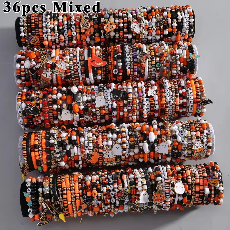 36pcs Gothic Style Bracelets Set, Stackable Orange & Black Striped Elastic Bands with Bat & Witch Charms, Witchy Stuff & Whimsical Gifts for Halloween or Casual Wear, Charm Bracelets, Bats