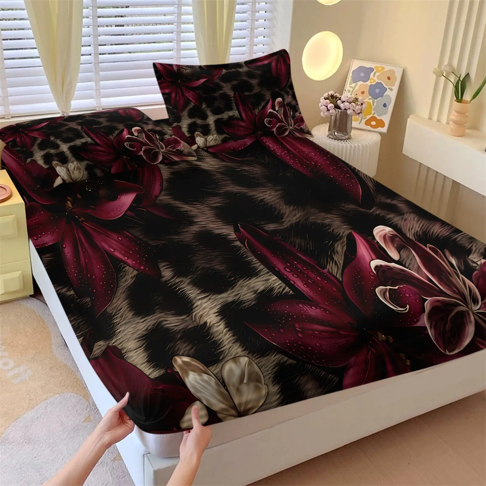 Ins Dew Burgundy Lily Leopard Complete Anti-slip Print Fitted Sheet Set & 2 Coreless Pillowcases, Leopard & Soft Floral Vibe, Durable Wash-resistant Fabric, Popular Bedding For Retro Luxury Homestay & Unique Bedroom Makeover Bed Sheets Set