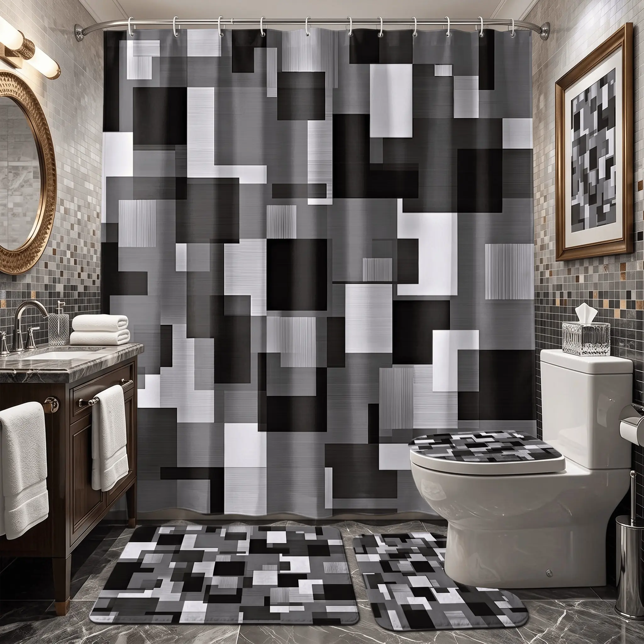 4pcs Contemporary Textured Grid Fabric Shower Curtain , Luxury Ombre Mosaic Style, Bathroom Set with Rugs and Toilet Cover,The floor mat fabric is thicker and softer! Perfect Gift, Geometric Shower Curtain, Shower Curtain Set For Bathroom