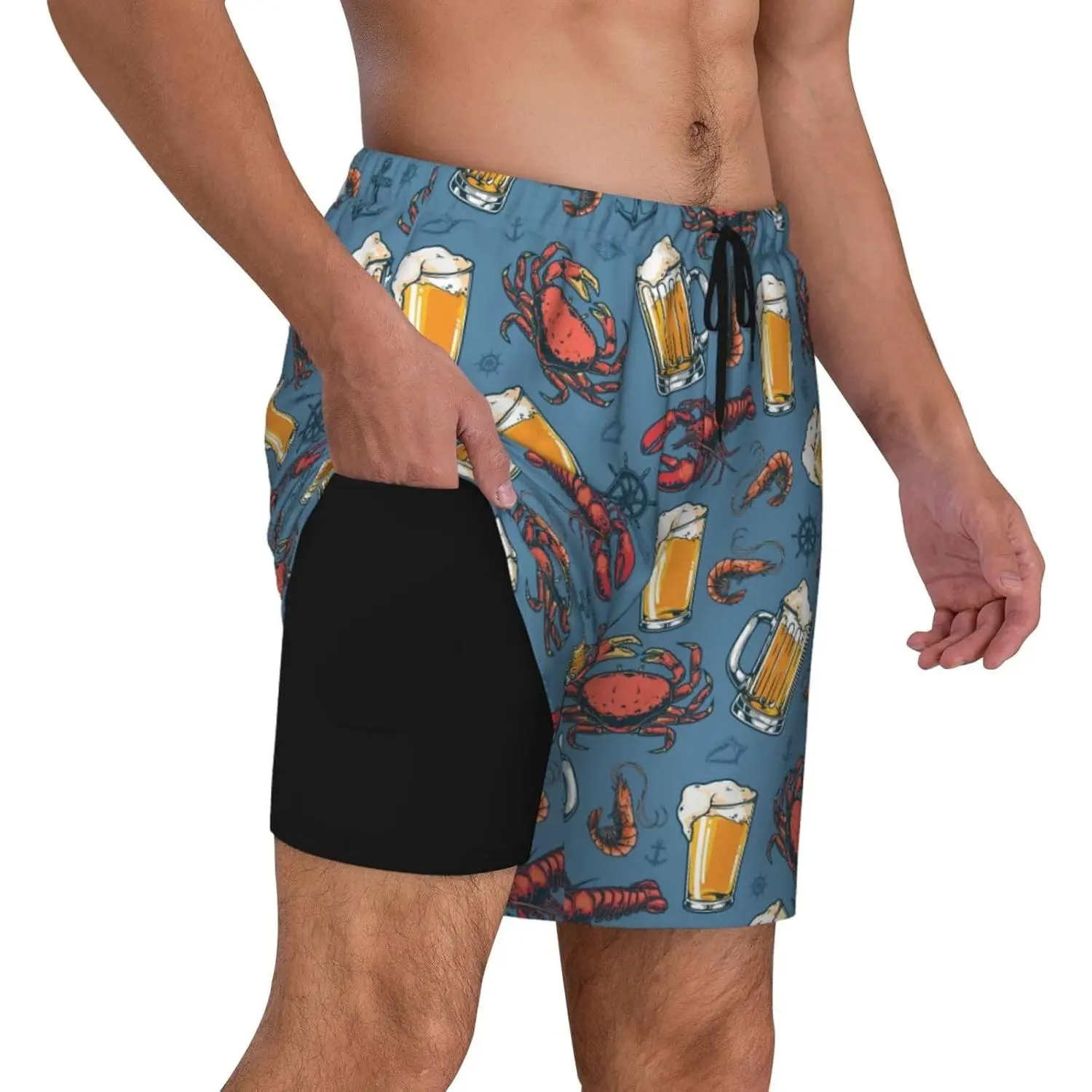 Men's Double Layer Swim Trunks,Quick-Dry Board Shorts with Compression Liner Pockets for Swimming Surf Gym Beach