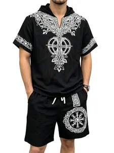 Men's Ethnic Print Two-Piece Set, Short Sleeve Hooded T-Shirt + Drawstring Shorts, Lightweight Breathable Summer Beach，Multiple Color Available