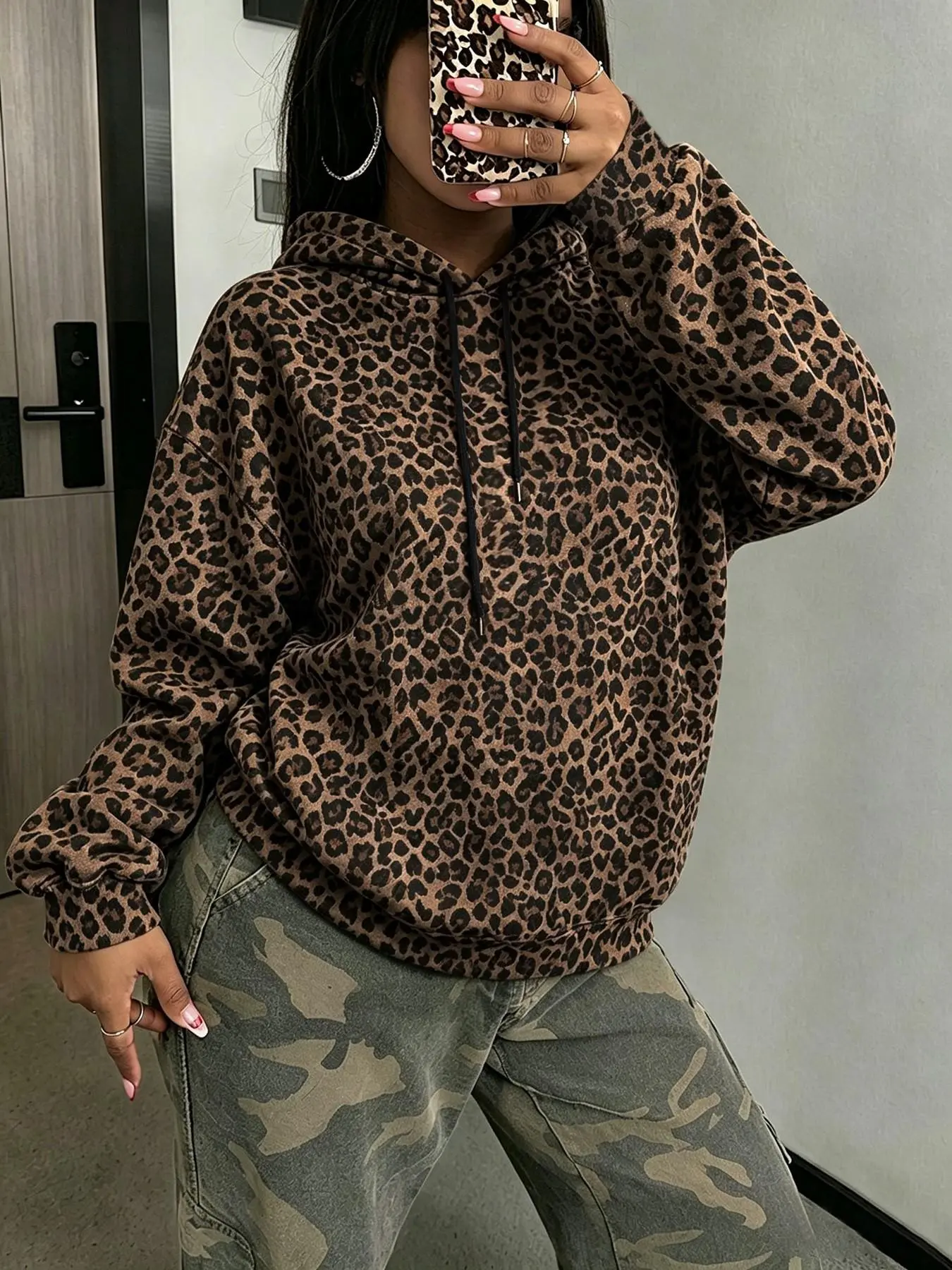 Autumn retro brown leopard print Long Sleeve loose hoodie, soft drawstring casual pullover, perfect for street daily outings, parties, shopping, or lazy weekend home wear, trendy unisex hoodie #LeopardHoodie #OOTD