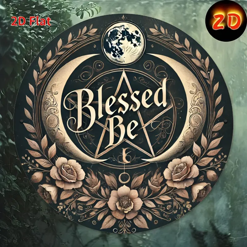 8x8 in Cast Iron Wicca Pentagram Round Hanging Sign - Vintage Gothic Metal Plaque, Edgy Spiritual Tarot Room Decoration, Magical Home Altar Nail-Mountable 2D Flat Wall Art Gift for Beauty Spa Spaces