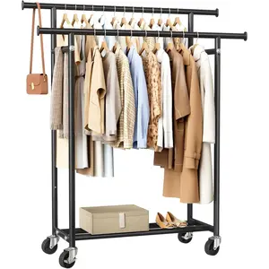 Clothes Rack, Double Rods Rolling Clothing Rack for Hanging Clothes, Portable Garment Rack with Wheels, Coat Rack Wardrobe Closet Load 240 LBS for Bedroom Laundry Room (Black, L)