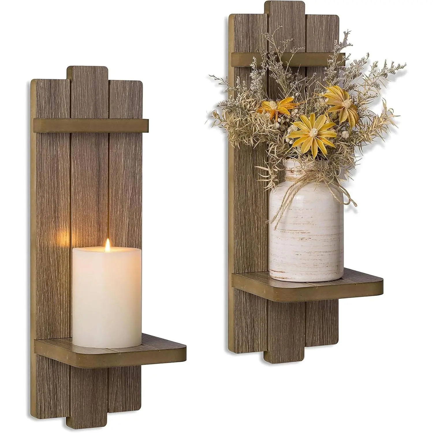 Wall Candle Holder Decor Set of 2 for Fireplace, Light Brown | Floating Shelves,  Candle Sconces, Holds Small Vase Pillar Candles Tealight, for Fireplace, Living Room