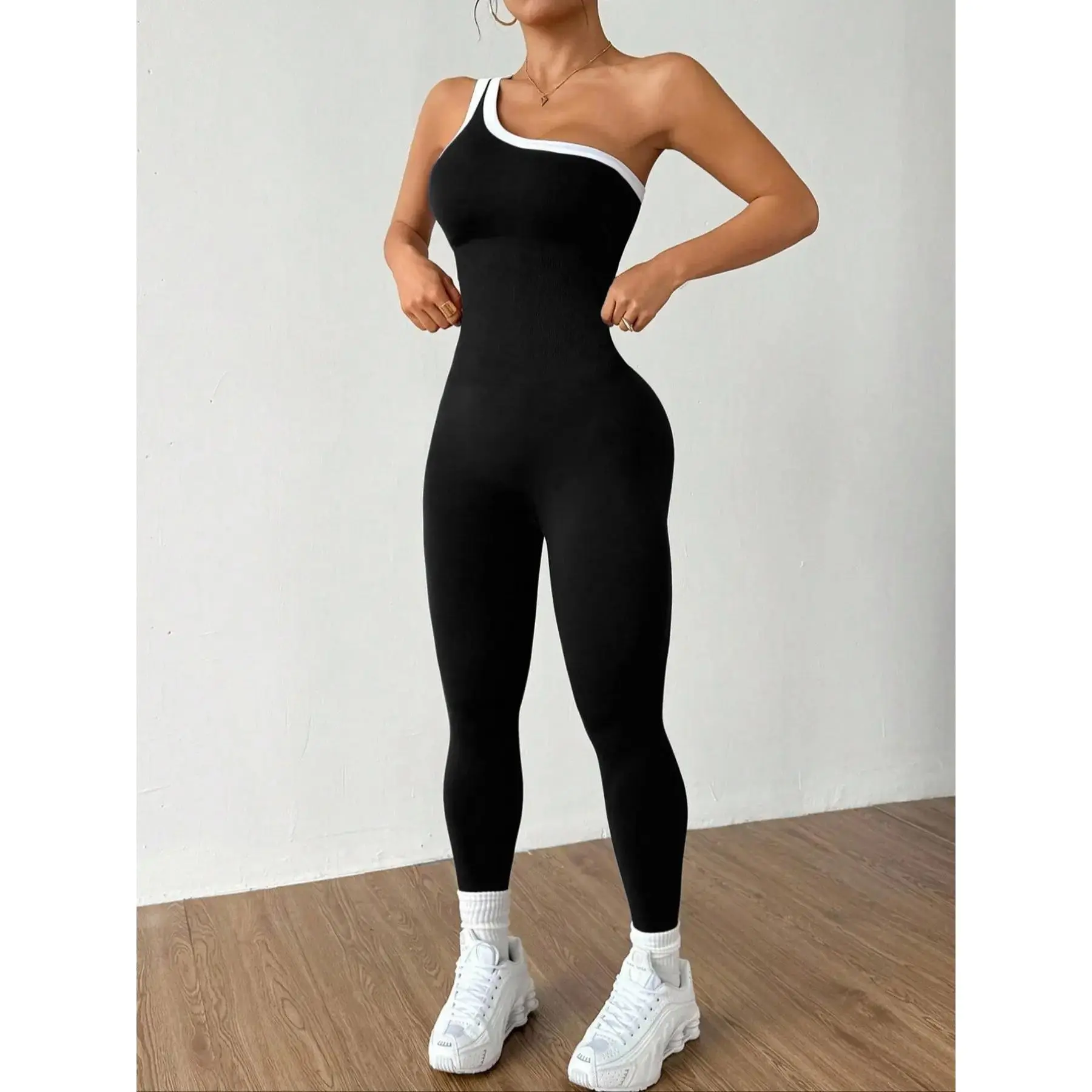 Women Color Block Asymmetrical One Shoulder Seamless Yoga Jumpsuit Ultra Stretchy Knit Tight Fit Full Length Workout Bodysuit for Gym Office Daily Casual Athleisure Wear