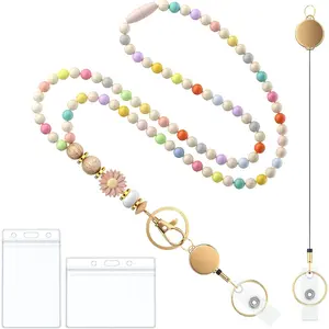 Teacher Lanyard with ID Holder, Badge Lanyards for Women, Wooden Beaded Lanyard, Retractable Breakaway Lanyards for ID Badges and , Cute  Lanyard