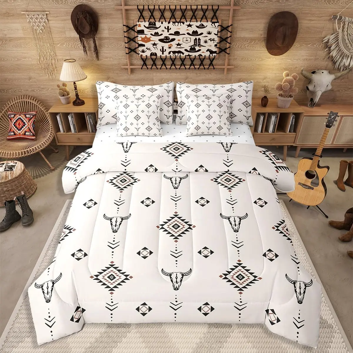 Aztec Comforter Set Twin Size - 7 Pieces, Boho Farmhouse Bedding Set Ethnic Southwest Bull Skull Cow Bed in A Bag King with Sheets Comforters, Pillowcases