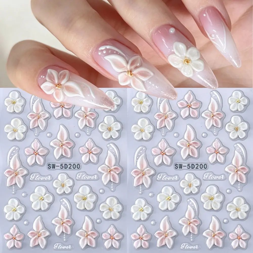 2 Pcs 5D Cute Flowers Ladybug Bee Starfish Nail Art Stickers, Embossed Flower Nail Stickers, Hibiscus, Lily, Starfish, Jellyfish, Butterfly, Daisy, Bee, Ladybug, Hawaiian Flower Designs, Tropical Floral Nail Decorations