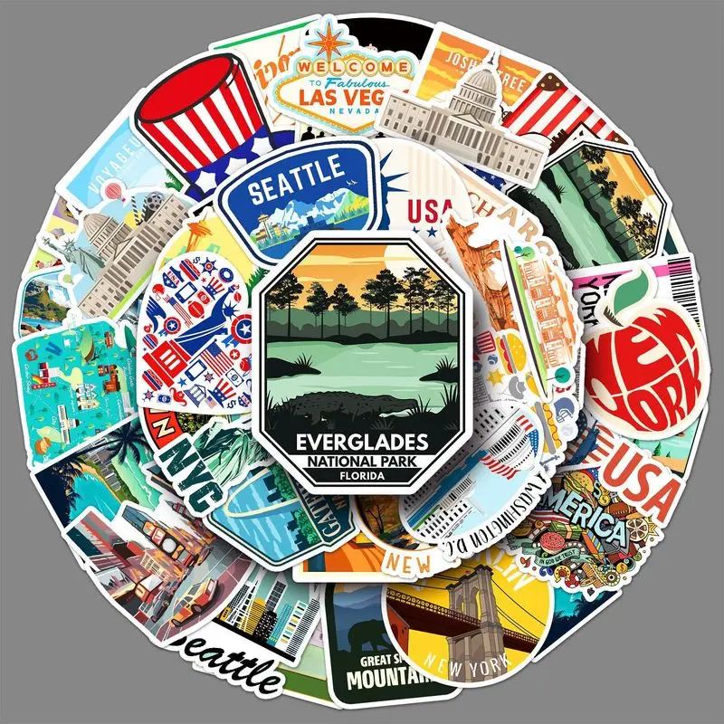 50 Pieces American Graffiti Stickers Personalized Cross Border Decal For Outdoor Travel Scenery Phone Case Water Cup Luggage waterproof wall panel home background decoration decorative window film vinyl colorful decor santa reindeer snowman fridge tree
