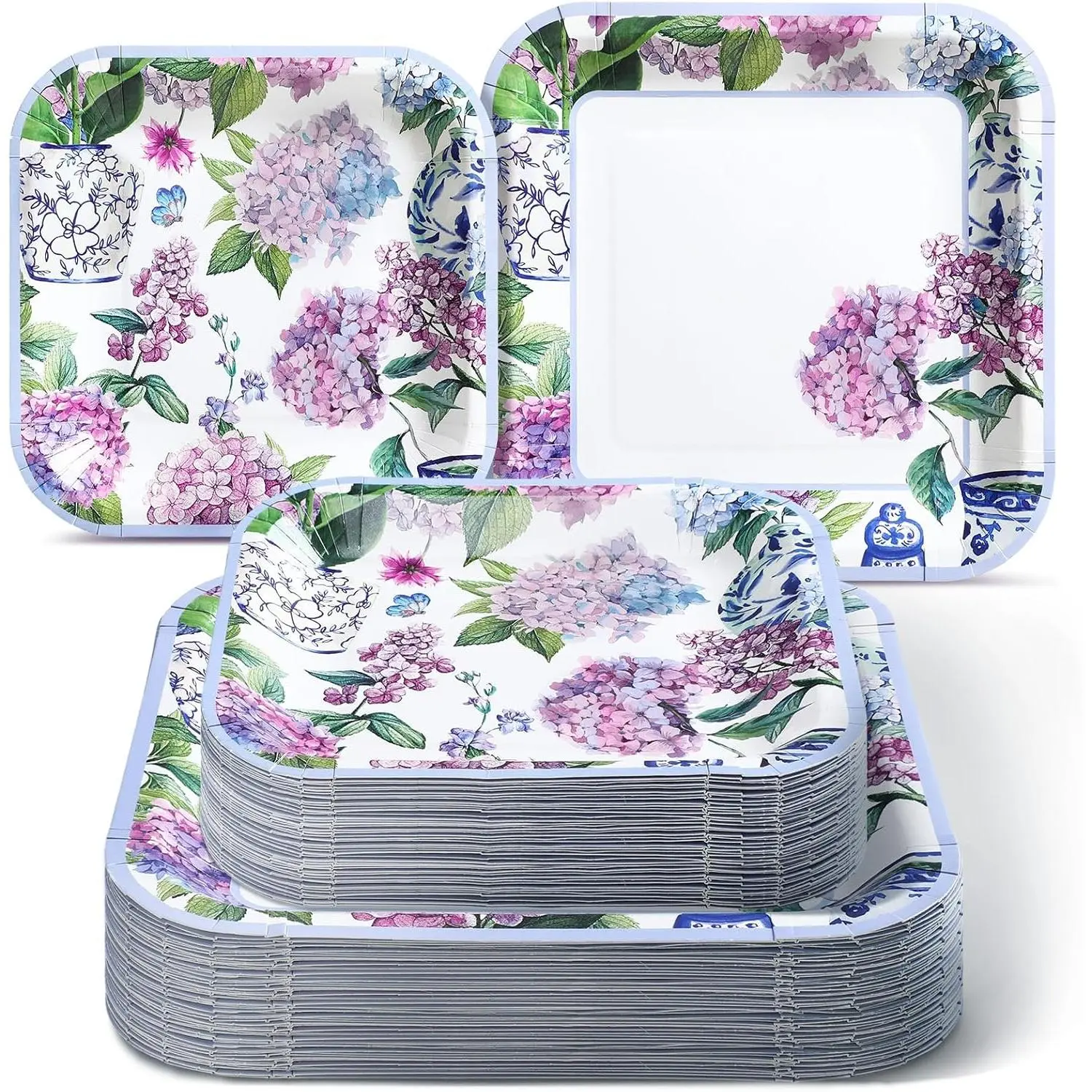 100 count Paper Plates Flower Dinner 9'' Floral Disposable Paper Plates 7'' Square Dessert Set for Dinner Birthday Wedding  Shower Party Tableware(Soft Color,Hydrangeas)