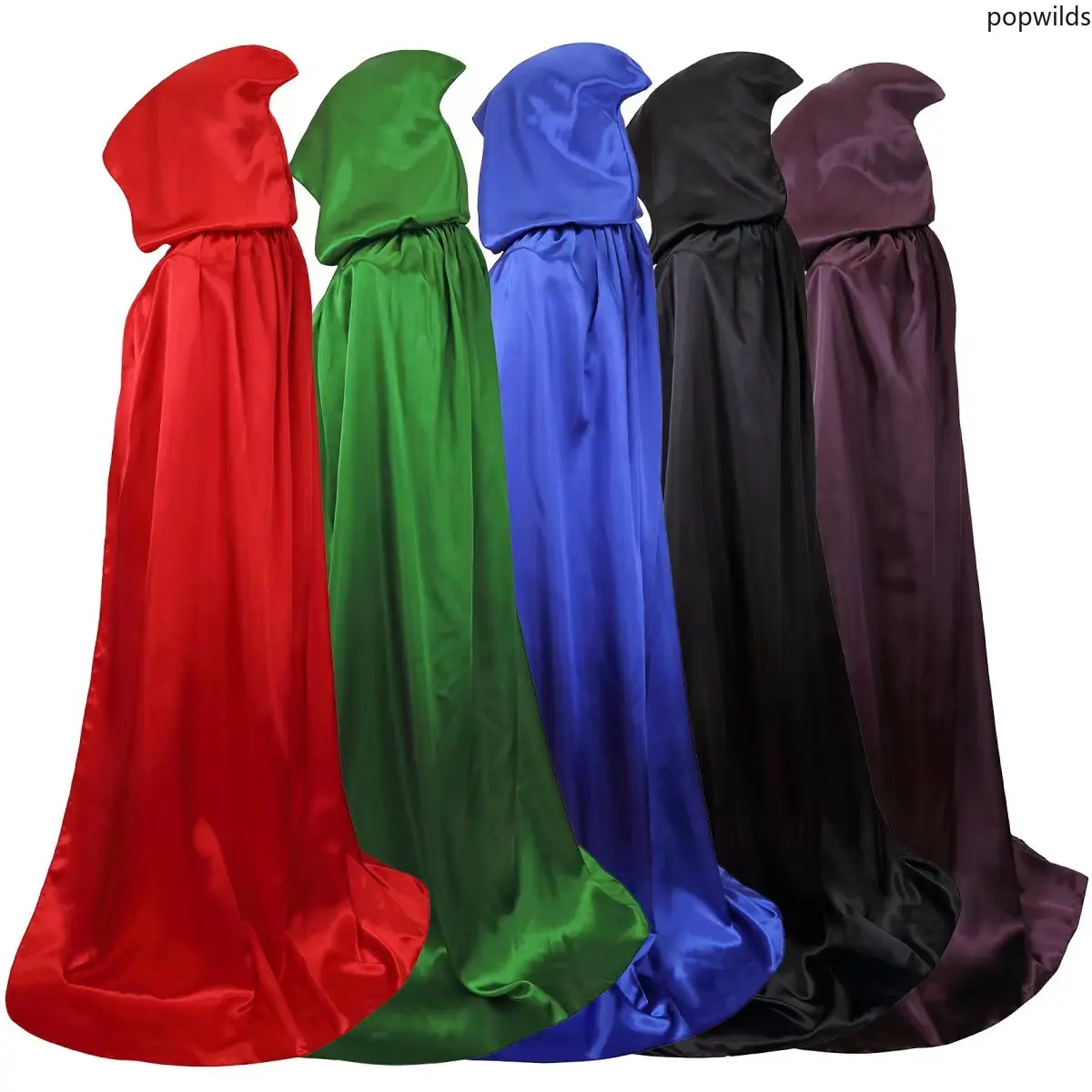 Kids Adults Satin Halloween Cloak Hooded Stand Collar Black Reaper Cape Black Robe Cosplay Costume Accessory For Horror Party Dress Up Supplies