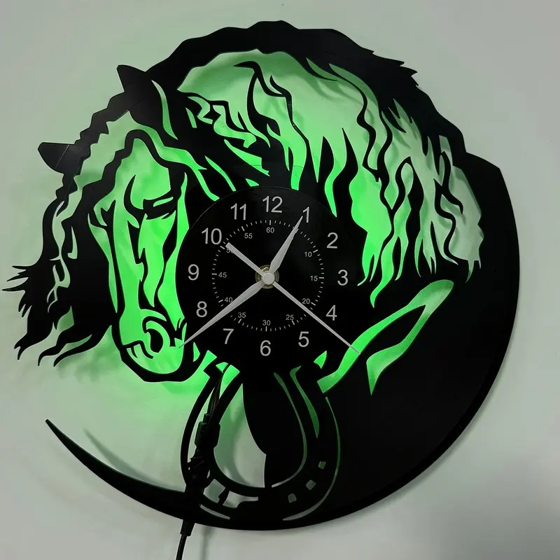 Horse Themed LED Vinyl Wall Clock, Rustic Farmhouse Wall Decor for Living Room Bedroom Office Kitchen, Perfect Gift for Horse Lovers on Birthdays Christmas (Batteries Not Included) Decorative Wall Clock
