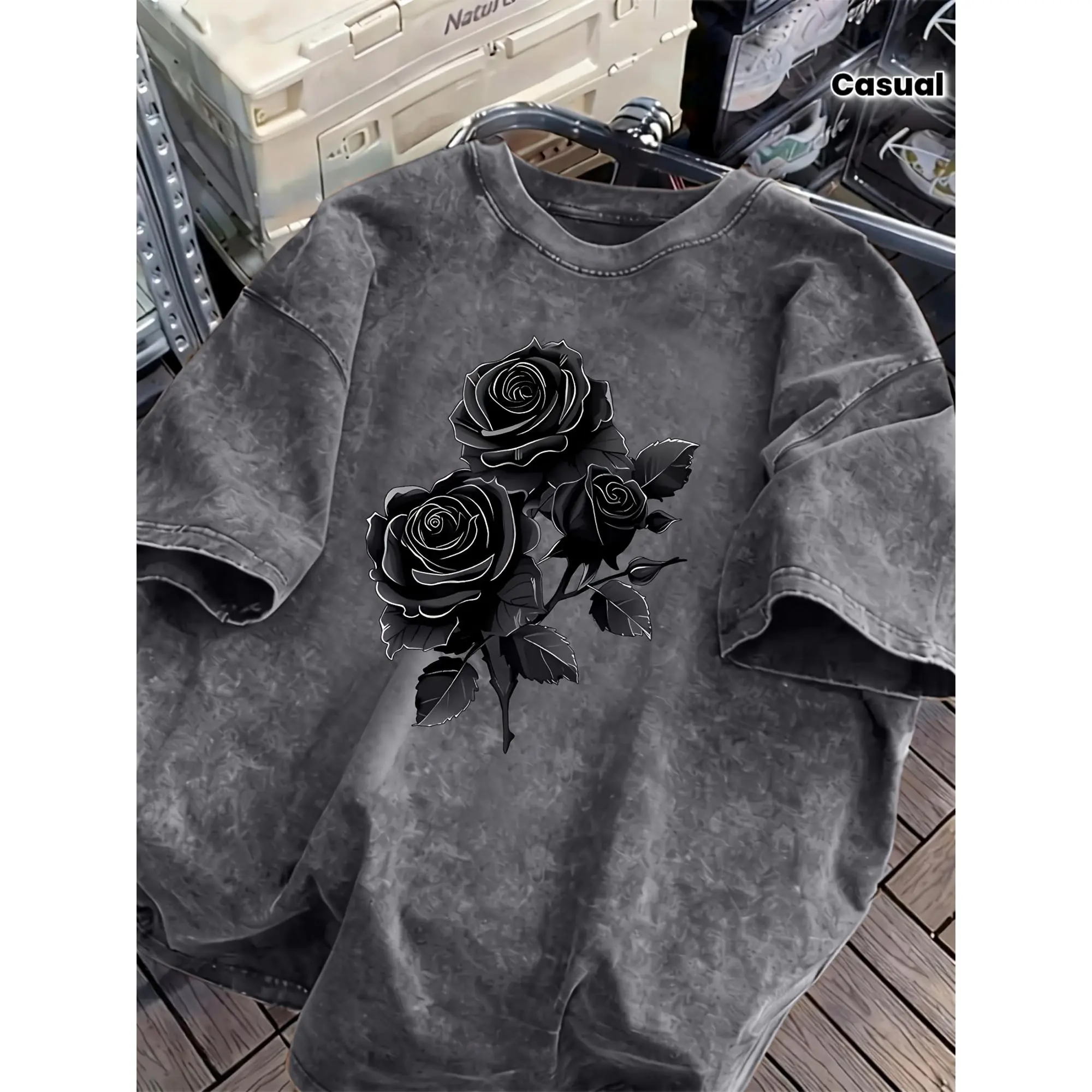 Fun Retro, Distressed Black Rose Print Short-sleeved T-shirt, A Relaxed And Washed-out T-shirt. It Can Easily Create A Retro Casual Style. Suitable for Daily Commuting, Casual Travel And Daily Wear. Classic Retro-style Women's Clothing.